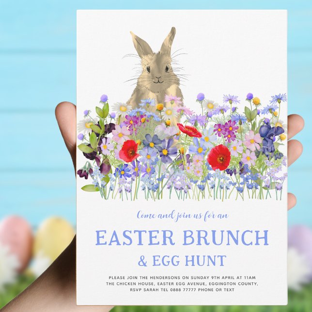 Convites Coelhinho de Páscoa e Flores Selvagens Caça de Ovo (Easter brunch and egg hunt invitation with colorful watercolor wildflowers and cute Easter bunny )