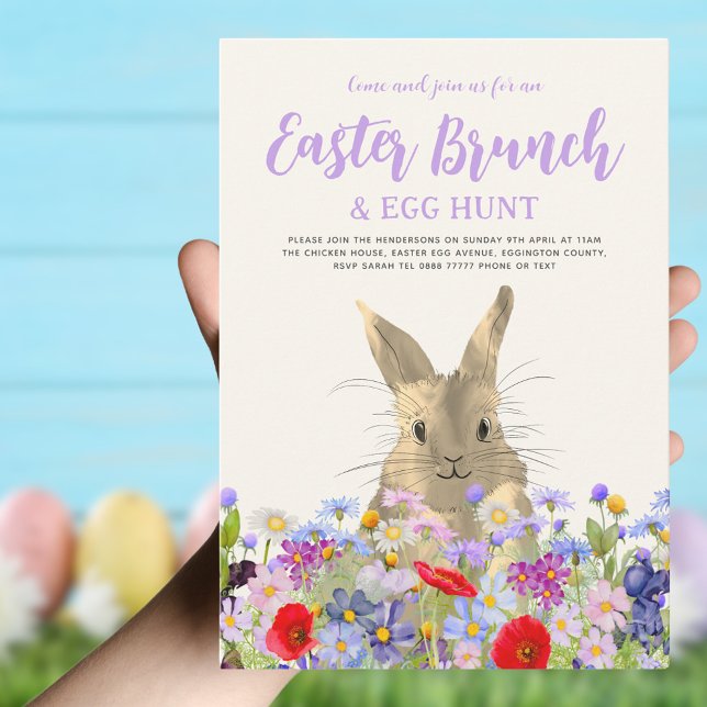 Convites Coelhinho de Páscoa e Flores Selvagens Caça de Ovo (Easter brunch and egg hunt boho wildflower cute Easter bunny invitation )