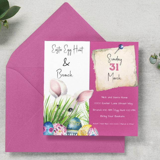 Convites Coelhinho de Páscoa e Ovos de Páscoa Decorativos (Cute Easter bunny with decorative easter Eggs on Easter Brunch | Egg Hunt customizable invitation. )