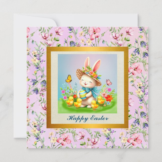Convites Coelhinho de Páscoa Fofo e Flores Felizes de Prima (Frente)