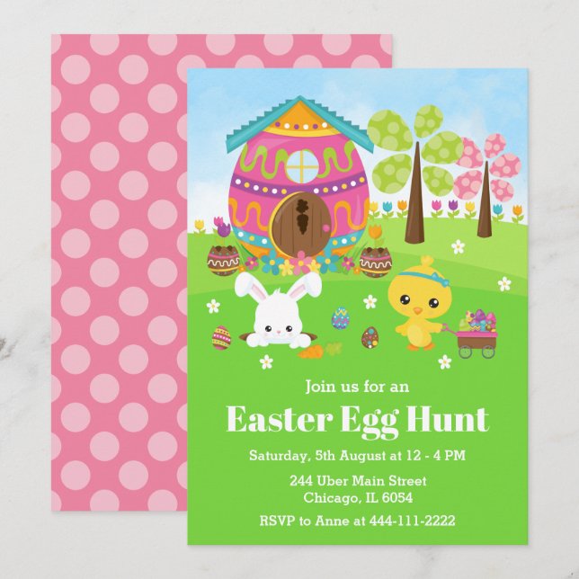 Convites Coelhinho e Pintinho da Caça do Ovo de Páscoa (Frente/Verso)