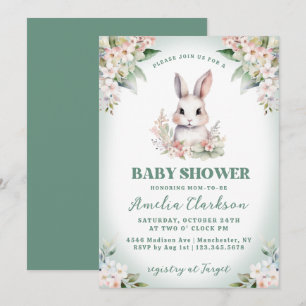 Convites Coelhinho Verde Suave e Floral Chás de Bebê