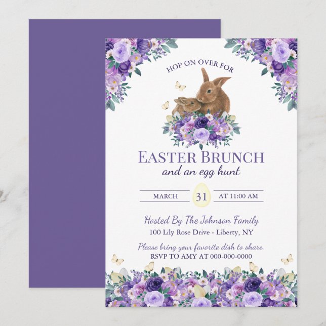 Convites Coelhinhos Florais em Aquarela Brunch de Domingo d (Frente/Verso)