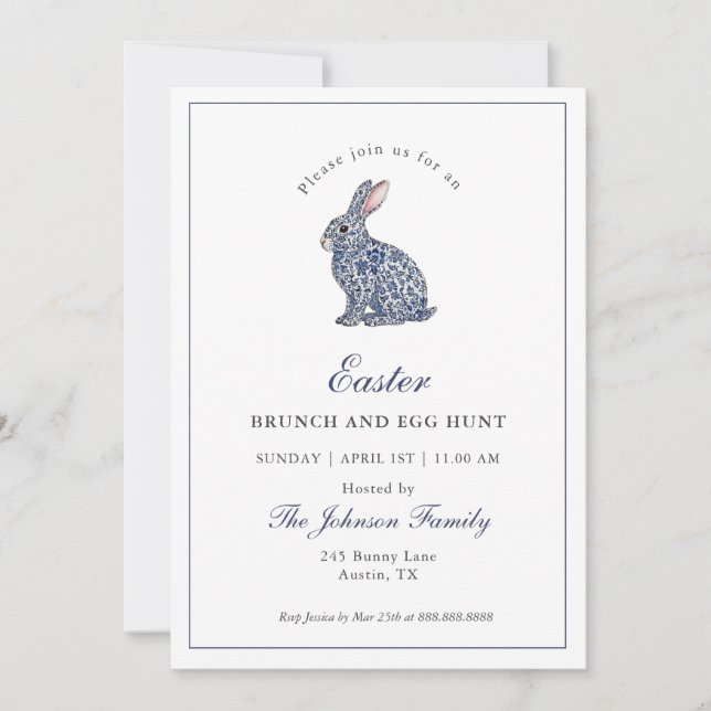 Convites Coelho Blue & White Chinoiserie Brunch de Páscoa  (Frente)