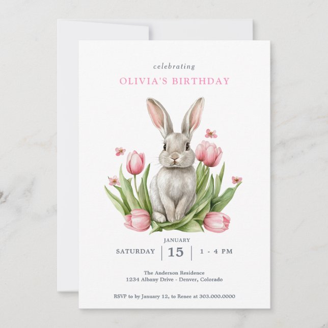 Convites Coelho Bunny Tulipas de Aquarela Rosa (Frente)