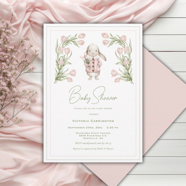 Convites Coelho Bunny Tulipas Rosa Chuvada de Bebê Animal (Criador carregado)