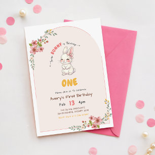 Convites Coelho Coelhinho Rosa Floral Aniversário de 1 ano