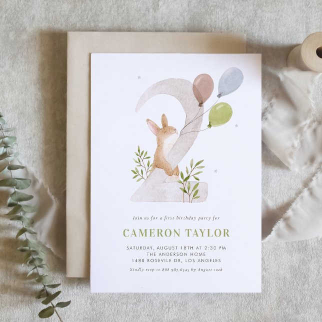 Convites Coelho de Aquarela Segunda Festa de aniversário (Criador carregado)