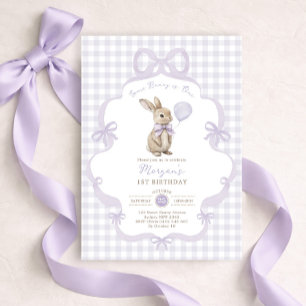 Convites Coelho de Gingham com Laço Roxo para 1º Aniversári