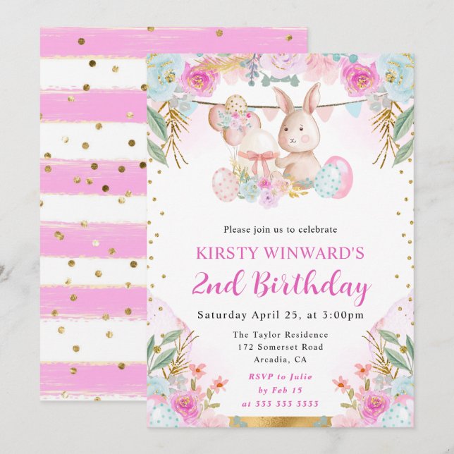 Convites Coelho de Páscoa em Aquarela e Flores de Aniversár (Frente/Verso)
