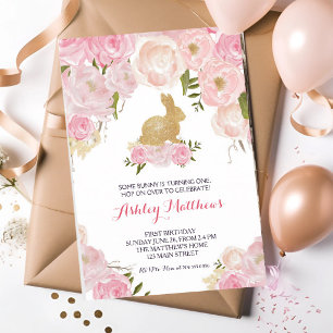 Convites Coelho Dourado Floral Rosa Aniversário
