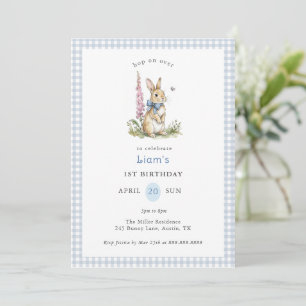 Convites Coelho em aquarela azul Gingham menino 1º Aniversá