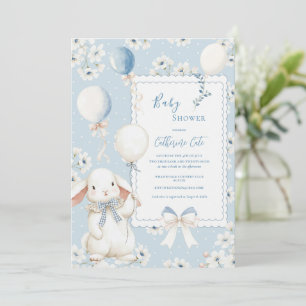 Convites Coelho Floral Azul com Balões Elegante Bebê