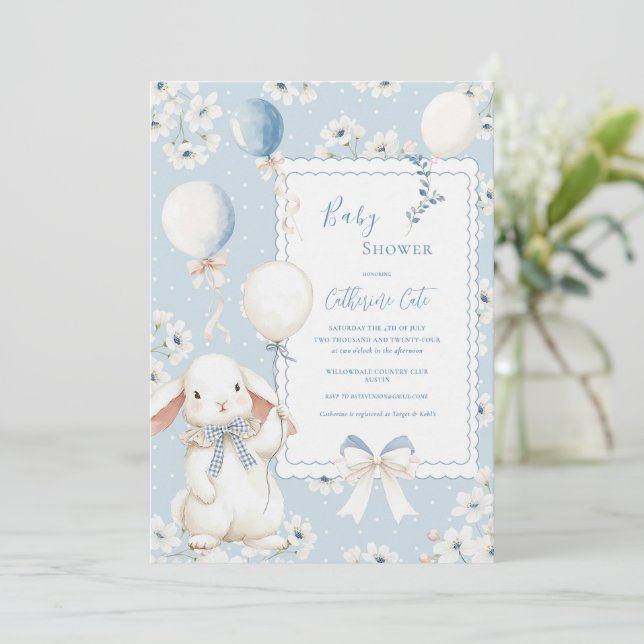 Convites Coelho Floral Azul com Balões Elegante Bebê (Em pé/Frente)