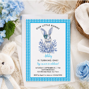 Convites  Coelho Floral Azul para Aniversário de 1 Ano para