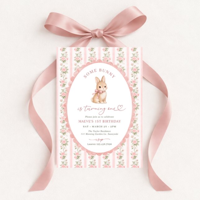Convites Coelho Floral Rosa 1º Aniversário (Criador carregado)
