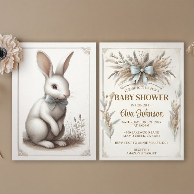 Convites Coelho Pastel Boho (An elegant spring bunny rabbit design with boho florals in pale blue, taupe and ivory. )