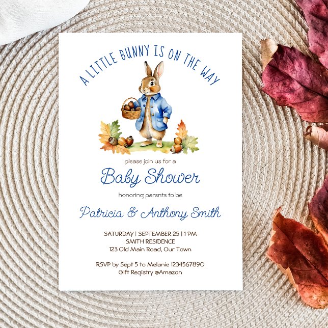 Convites Coelho Peter com bolota chá de fraldas (Peter rabbit fall themed baby shower template invitation digital download a cute bunny blue jacket)