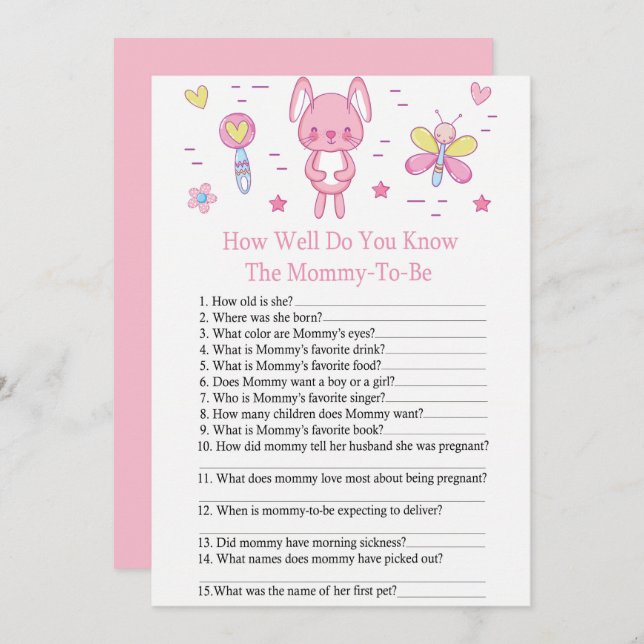 Convites Coelho rosa, como você conhece bem o jogo do chá d (Frente/Verso)