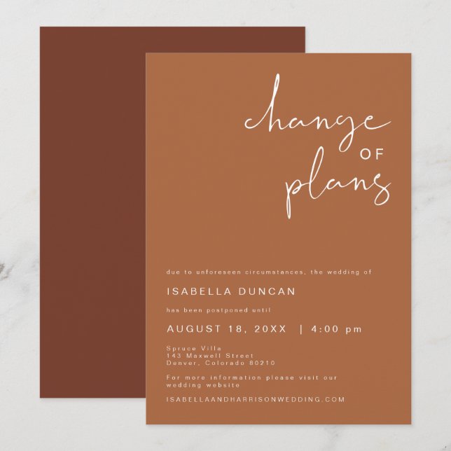 Convites COENTRO Boho Terracotta Casamento Mudança de Plano (Frente/Verso)