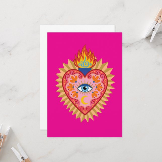 Convites Cœur Sacré Mexicain avec Œil Protecteur et Flamme  (Frente/Verso In Situ)