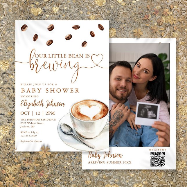 Convites Coffee Brewing Baby Shower Photo QR Code (Coffee Brewing Baby Shower Photo QR Code Invitation)