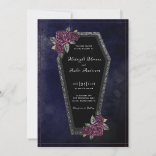 Convites Coffin Roses Brilho Azul Escuro Casamento de Hallo