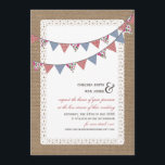 Convites Cofra de Quebra-Invasão Virtual do Live Stream<br><div class="desc">Um tema de casamento virtual em fluxo real que apresenta uma ilustração do bunting que é gingham vermelho,  floral cor-de-rosa e azul sobre um design inspirado no local na frente. O fundo na frente e no verso é inspirado em burlap. Personalize o texto com detalhes da sua ocasião.</div>