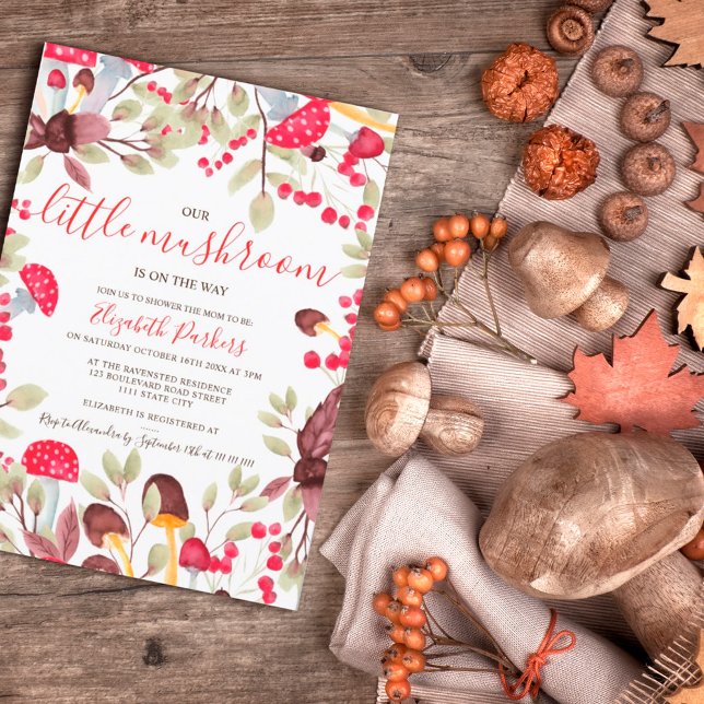 Convites Cogumelo-aquarela chá de fraldas florestal rústico (Criador carregado)