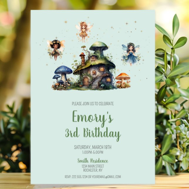 Convites Cogumelo de aniversário de 3 anos de Fada Encantad (Enchanted Fairy 3rd Birthday Mushroom Invitation, Whimsical Fairy Garden Invite, Woodland Pixie)