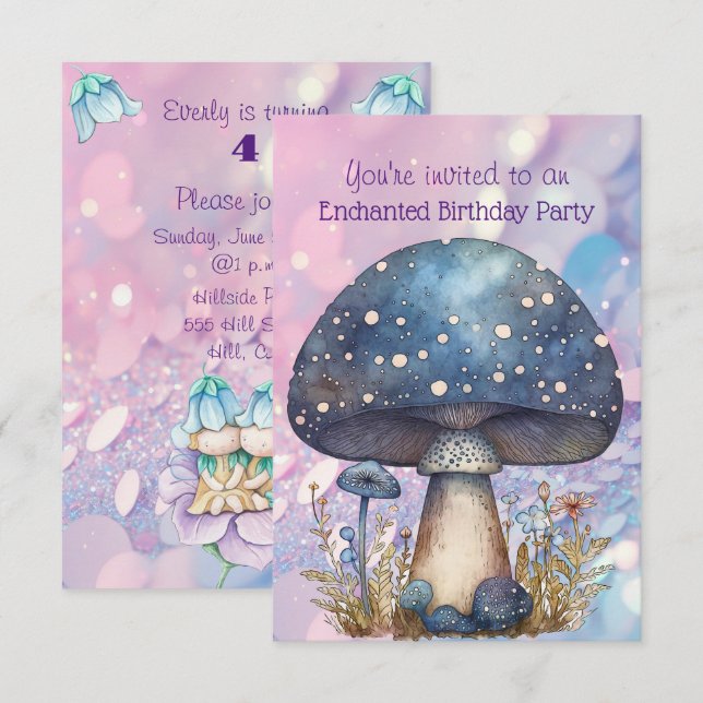 Convites Cogumelo Encantado, Festa de aniversário De 4 Anos (Frente/Verso)