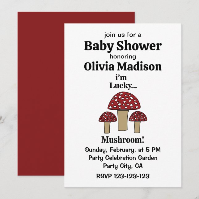 Convites Cogumelo Eu sou Chá de fraldas de Lucky Mushroom (Frente/Verso)