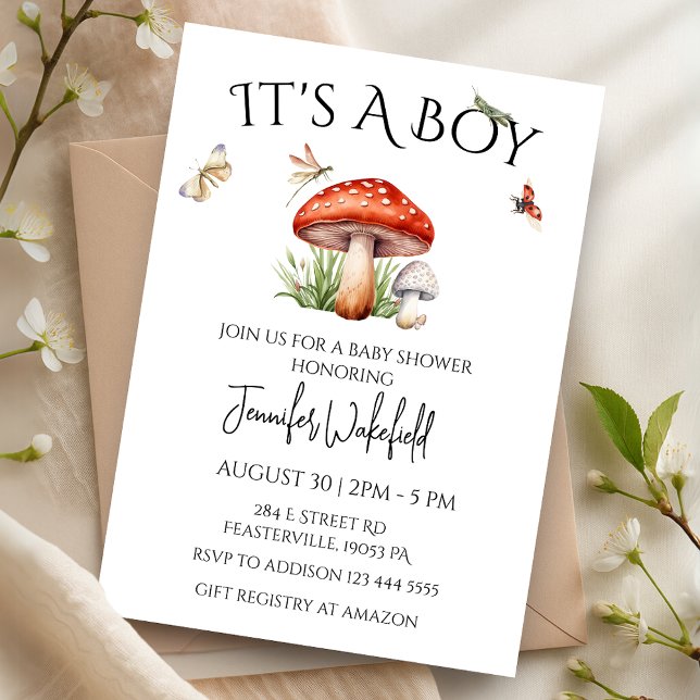 Convites Cogumelo Insetos Chá de fraldas da Floresta da Mad (Mushroom Insects Woodland Forest Boy Baby Shower Invitation)