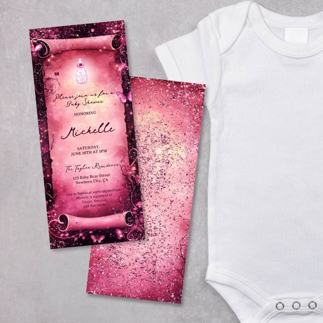 Convites Cogumelos Borboleta Floresta Encantada Namorada Be (magic pink glitter enchanted forest parchment scroll)