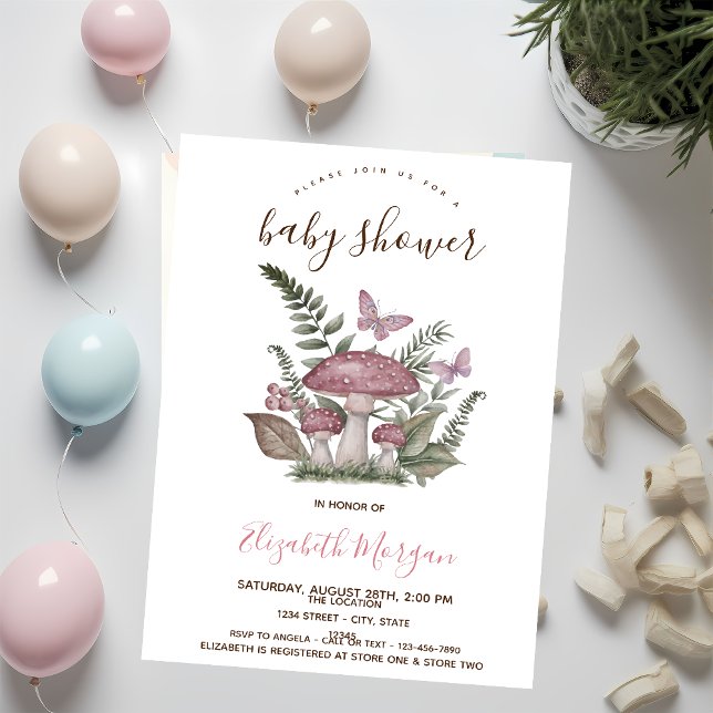Convites Cogumelos Borboleta Listras Rosa Baby Shower   (Criador carregado)