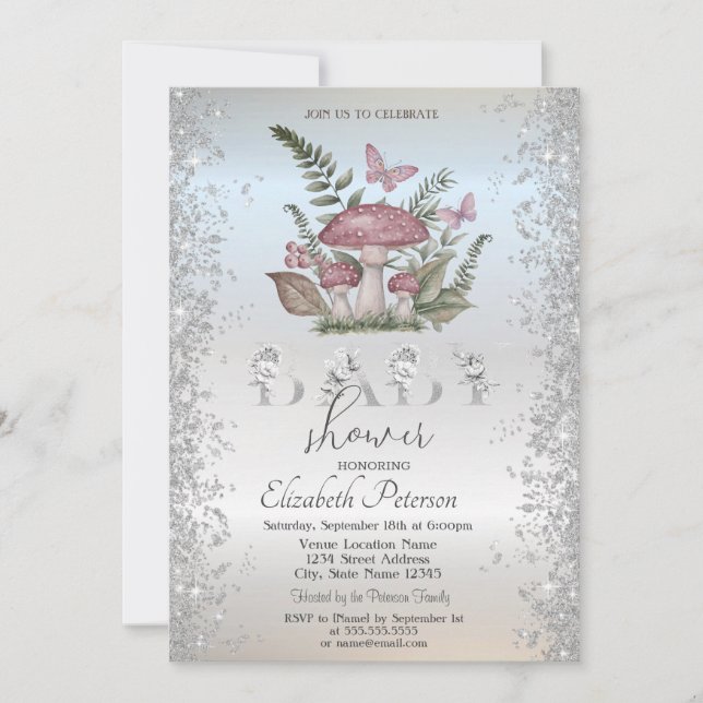 Convites Cogumelos Brilhantes Borboletas Chá de fraldas pra (Frente)