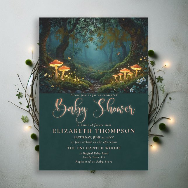 Convites Cogumelos da Floresta Encantada Churrasco do Bosqu (enchanted forest baby shower theme invitation magical fairy tale mushrooms woodland wildflowers)