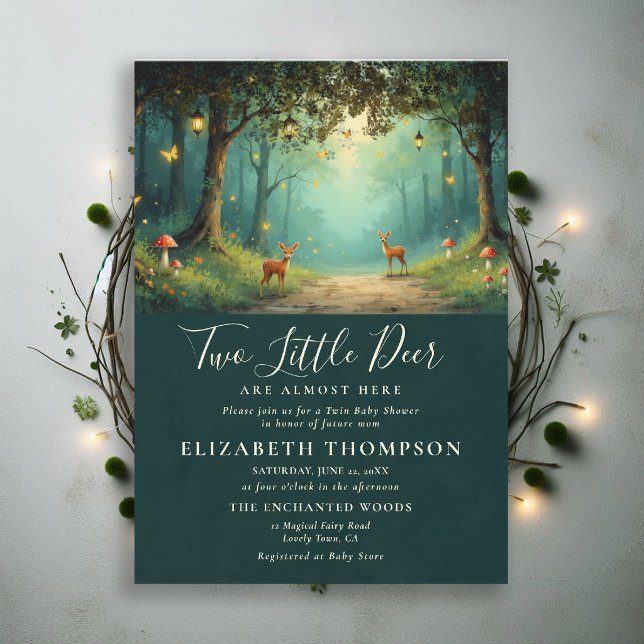 Convites Cogumelos da Floresta Encantada Gêmeos dos Cervos  (twins baby shower theme invite enchanted forest magical fairy tale mushrooms woodland deer emerald)