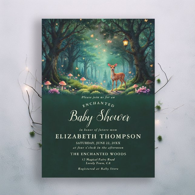 Convites Cogumelos da Floresta Encantada Veado Verde Chá de (enchanted forest baby shower theme invite pink glowing mushrooms lantern woodland deer emerald)