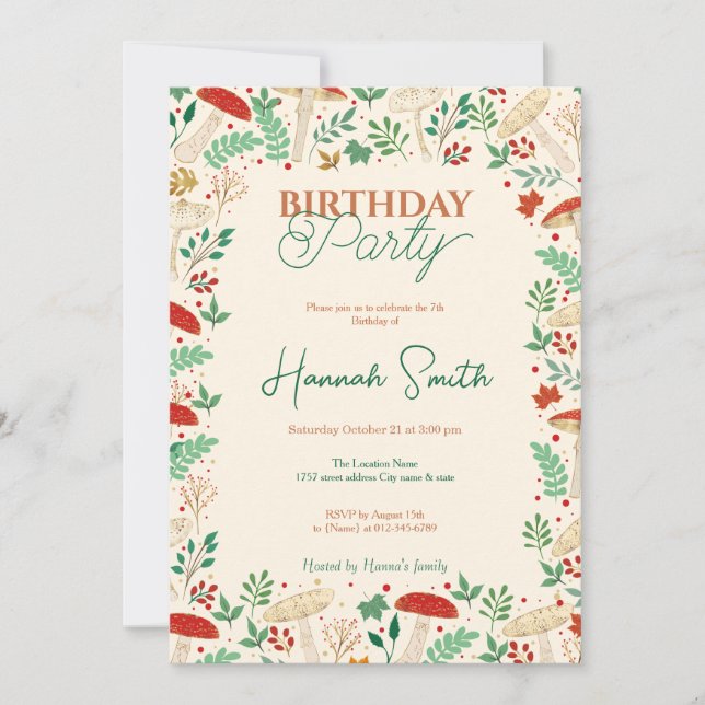 Convites Cogumelos de queda e ilustração de folhas (Frente)