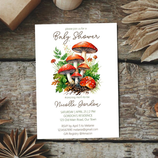 Convites Cogumelos florestais selvagens chá de fraldas (Wild forest red mushrooms green fern baby shower invitation editable template instant download )