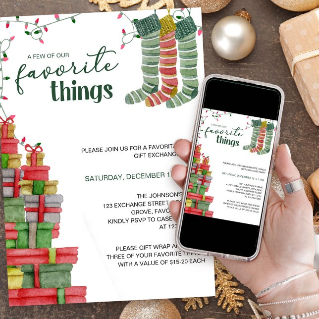 Convites Coisas Favoritas e Apresenta Férias (Favorite Things Holiday Gift Exchange Party Invitation)