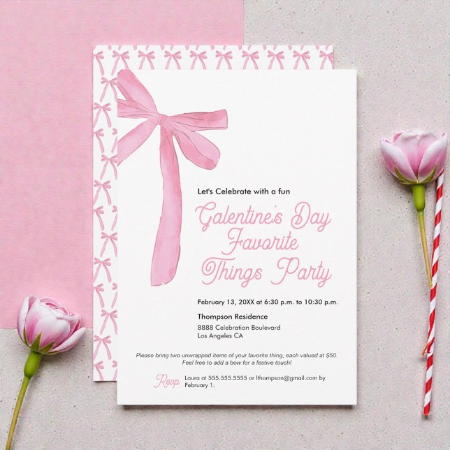 Convites Coisas favoritas Tema do Arco Rosa do Partido da G (Coquette ribbon bows Galentine’s favorite things party invitation )