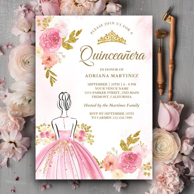 Convites Cola Floral Rosa Princesa Dourada Quinceanera (Criador carregado)