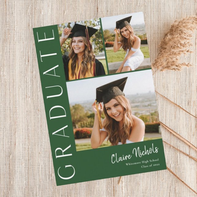 Convites Colação de Grau Colagem de Fotos Vertical Moderna  (Green Modern Typography 3 Photo Graduation Invitations.)
