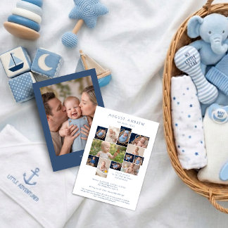 Convites Colagem Azul Clássica para Primeiro Aniversário de