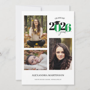 Convites Colagem de 3 Fotos de Graduado Verde Turma de 2026