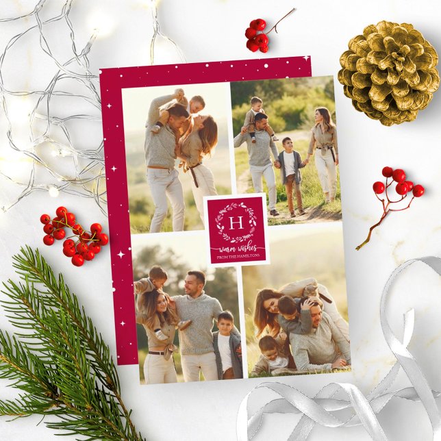 Convites Colagem de 4 Fotos com Desejos de Natal Monograma (Criador carregado)