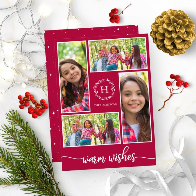 Convites Colagem de 4 Fotos com Desejos de Natal Monograma (Criador carregado)