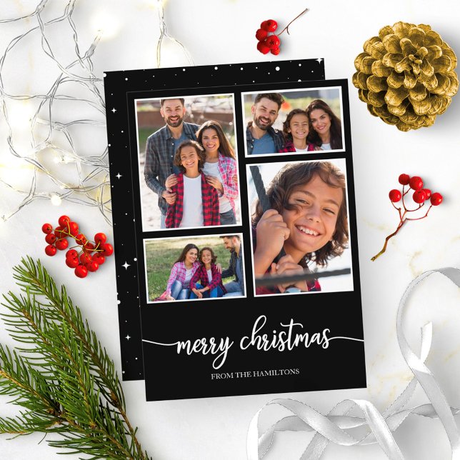 Convites Colagem de 4 Fotos Cute Script Natal Feliz Preto (Criador carregado)